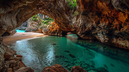 a hidden cove, accessible only by a narrow sea cave, with a secluded beach inside