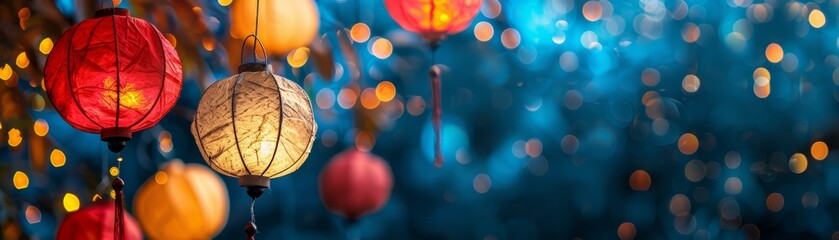 Colorful paper lanterns hanging amid twinkling lights create a festive and magical atmosphere in this vibrant nighttime photography.