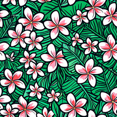 Fototapeta premium Floral pattern with pink flowers and green leaves, ideal for seamless designs and decoration, providing a fresh and tropical aesthetic