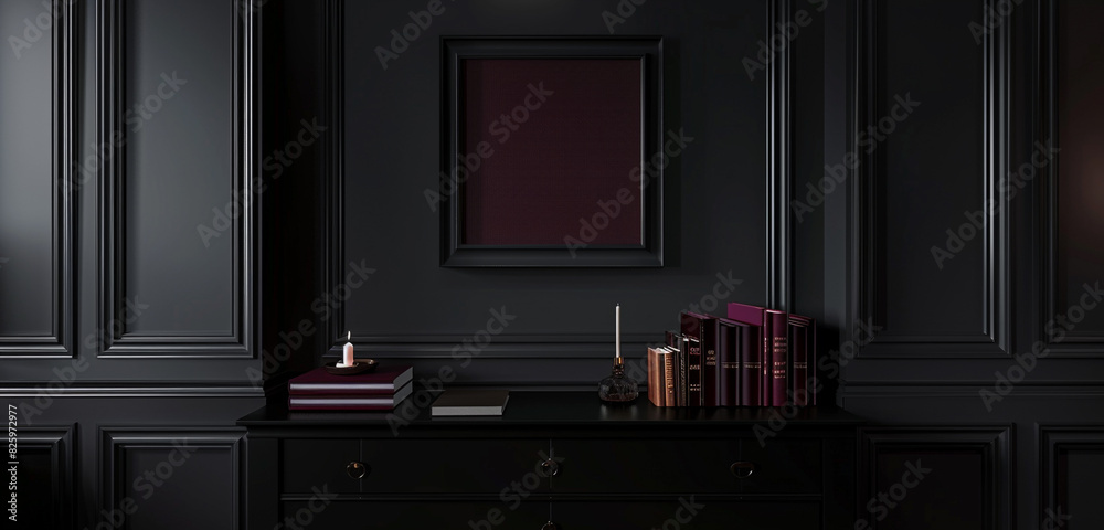 Wall mural Elegant dark gallery room with black dresser, maroon books, square poster. 3D rendering.