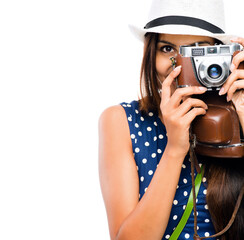 Digital camera, woman or photographer in studio white background for memories, pictures or image...
