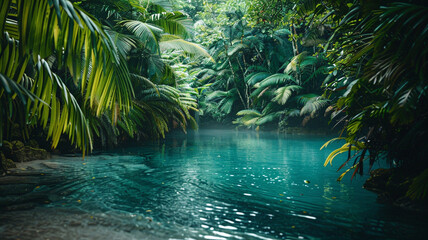 a secluded lagoon hidden behind a curtain of tropical foliage, a secret paradise