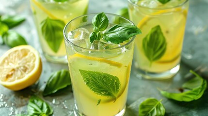 Fototapeta premium Summer drinks, Refreshing basil lemonade with lemon wedges and ice in glasses.