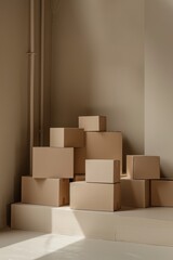 Cardboard boxes in a simple stack, minimalistic environment, neutral tones, clear and uncluttered