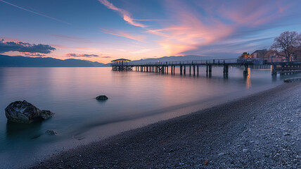 a serene bay with a pier stretching out into the calm waters, inviting exploration