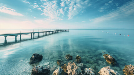 Obraz premium a serene bay with a pier stretching out into the calm waters, inviting exploration