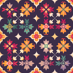 Abstract floral pattern with colorful geometric flowers on a dark background, perfect for seamless designs and decoration, providing a bold and modern aesthetic