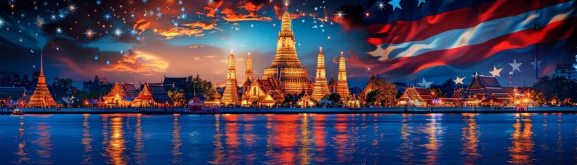 Fototapeta premium Stunning night view of a beautiful Thai temple illuminated with colorful lights and fireworks reflected on the water.