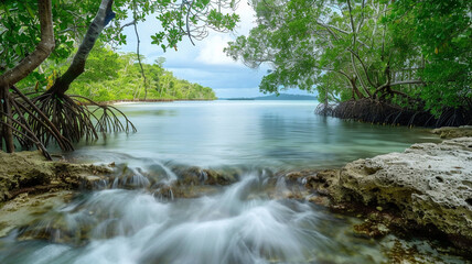 Fototapeta premium a serene inlet with a gentle stream flowing into the sea, surrounded by lush mangrove forests