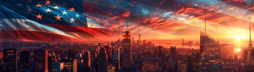 Stunning urban sunrise over futuristic cityscape under an American flag, blending patriotic and advanced technology themes.