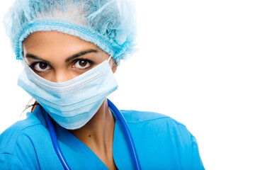 Ppe, woman or surgeon in portrait with mask on in studio white background for healthcare and...