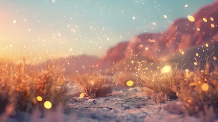 A serene scene of a peaceful desert landscape, with a defocused background of softly glowing particles