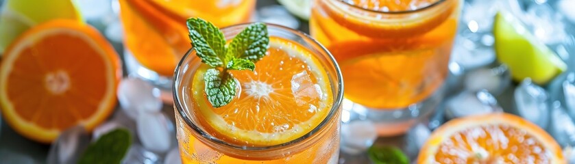 Summer drinks, Close-up of refreshing citrus drinks with fresh fruit and ice.