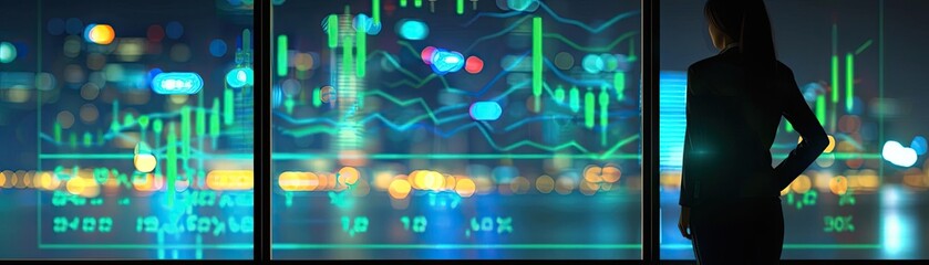 Fototapeta premium Silhouette of a businesswoman analyzing financial data and stock market graphs on multiple screens, representing economic trends and strategy.