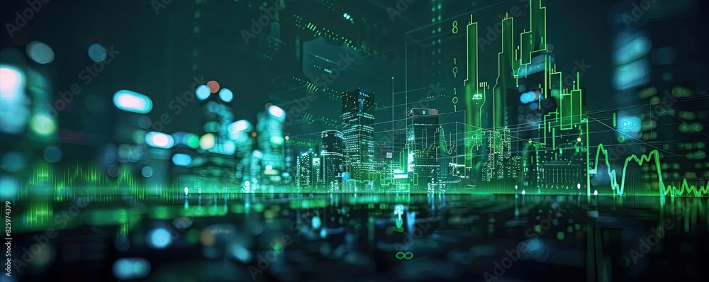 Poster futuristic cityscape with digital data overlay, showcasing innovative technology and modern urban in