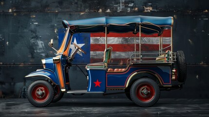 Vintage retro tuk-tuk with an American flag-themed design, parked against an industrial metal background.