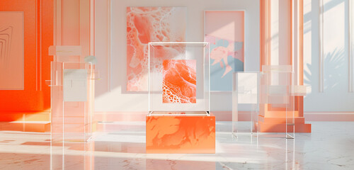 Clear big stand mockup in museum with coral peach accents, contemporary art exhibitions,