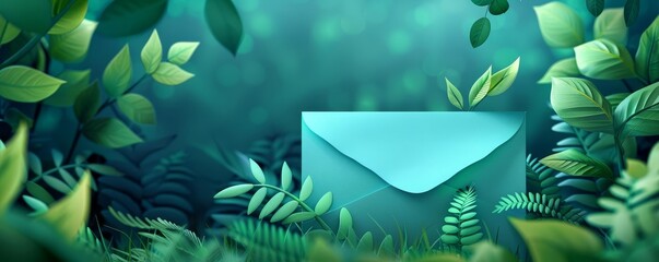 A teal envelope nestled among lush green foliage, evoking themes of mystery, nature, and communication in a whimsical forest setting.