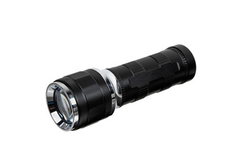 Modern metal LED flashlight in black color. Portable flashlight isolate on a white back