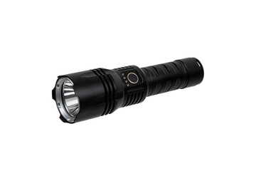 Modern metal LED flashlight in black color. Portable flashlight isolate on a white back