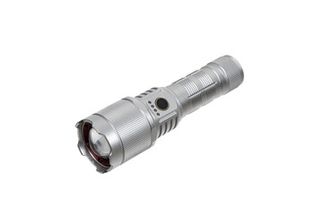 Modern metal LED flashlight in silver color. Portable flashlight isolate on a white back
