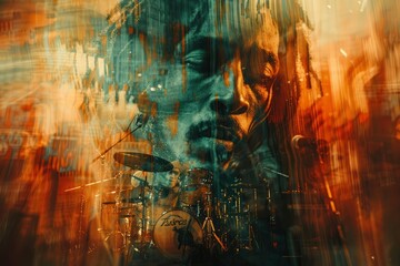Double exposure portrait of an African reggae musician celebrating cultural heritage with vibrant colors representing the African nation, showcasing the fusion of music and tradition. Generative ai