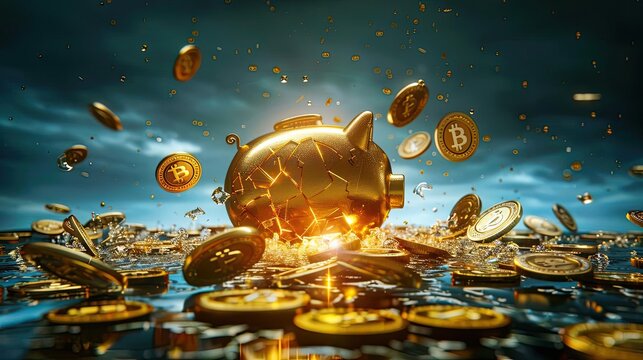 Golden piggy bank exploding with bitcoin coins, symbolizing the dynamic and ambitious world of cryptocurrency investment.