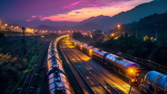 Long freight trains are stationed on parallel tracks in a mountainous area as the sky transitions from sunset to twilight, with the horizon painted in shades of purple and orange.