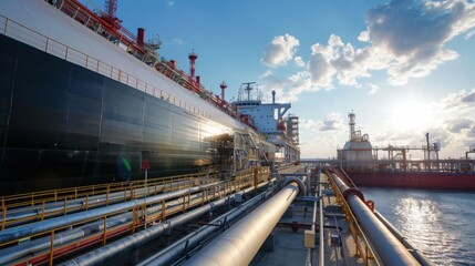 Fototapeta premium A large tanker docked at an industrial port during sunset. The ship is surrounded by an extensive pipeline network and other maritime infrastructure.