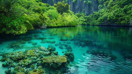 Fototapeta premium a tranquil lagoon surrounded by lush greenery and vibrant coral reefs teeming with marine life