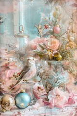 Shabby chic Christmas scene with holiday decorations, bird figurine and roses in a vase. The pink and blue color palette creates a warm and cozy atmosphere.