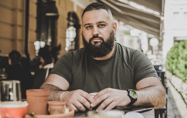 Men's thoughts and emotions concept. Mature middle eastern man thinking about his life and...