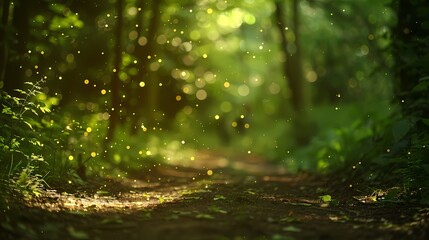 A serene scene of a quiet forest trail, with a defocused background of gently glowing particles
