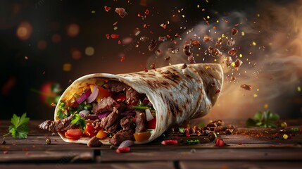 Freshly Grilled Beef Wrap Bursting With Flavor on Rustic Wooden Table