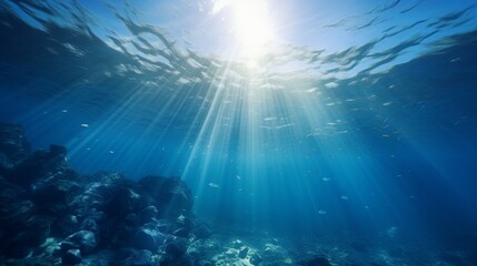 Fototapeta premium Calm underwater scene with sun rays reaching the seabed. Peaceful ocean background.