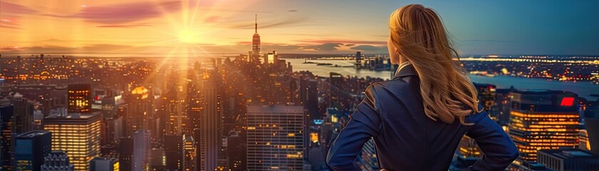 Obraz premium Confident woman overlooking a bustling cityscape at sunset, symbolizing opportunity and ambition in an urban setting.