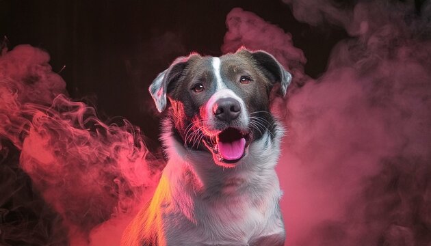 chien en ia studio avec de la fum&eacute;e rose