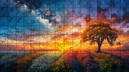 The starry night sky divided into puzzle pieces,
sunset in the forest 3D Image