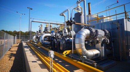 Large industrial facility with metal pipes, machinery, and storage tanks for processing natural gas during the day.