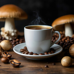A cup of mushroom coffee on the table surrounded