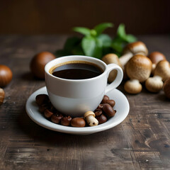 A cup of mushroom coffee on the table surrounded