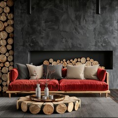 Wood log coffee table near rustic sofa with red cushions against dark wall