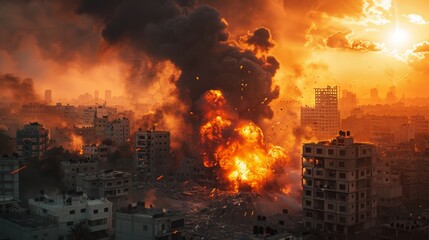 Obraz premium Fire and smoke - explosions in a ruined city during war - bombing or artillery rocket attack, damaged buildings in urban warfare 