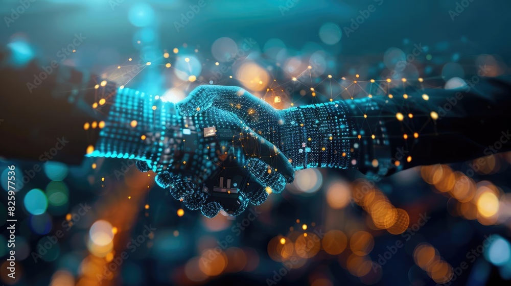 Poster digital handshake representing blockchain technology and futuristic business partnerships, with a ci