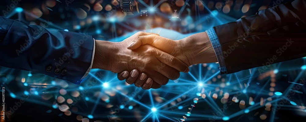 Poster two business professionals shaking hands with a digital network in the background, symbolizing conne