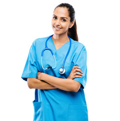 Crossed arms, woman and portrait of doctor in studio with stethoscope for medical career. Smile,...