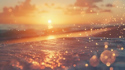 A serene scene of a sunset on the beach, with a defocused background of gently glowing particles -