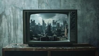 A vintage television set displaying an apocalyptic cityscape