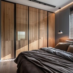 Wooden wardrobe with glossy sliding doors in minimalist bedroom