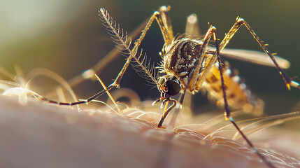 A close-up of a mosquito on human skin